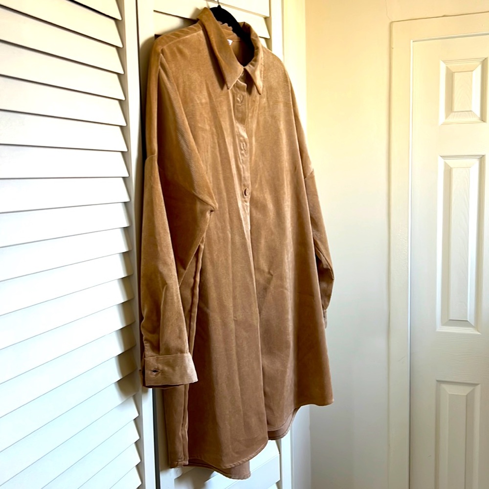 XL Beige Corduroy Button Down Tunic Shirt
